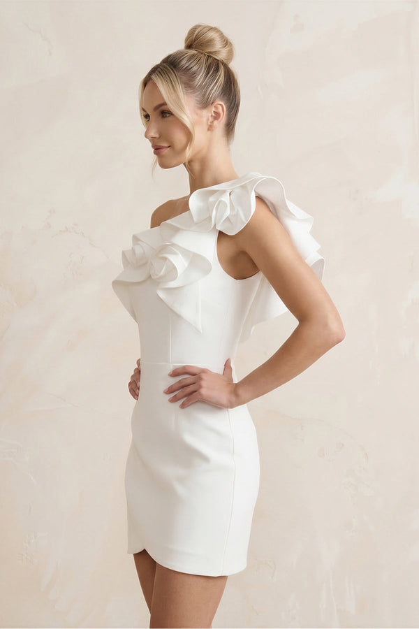 Ruffled Flower Sheath Satin Mini Wedding Dress in White - KissProm Wedding Dresses