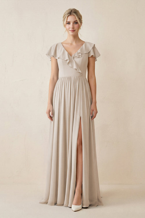 Cap Sleeve A-Line Ruffled Chiffon Bridesmaid Dress in Frost