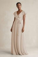 A-Line V-Neck Ruffled Sleeve Chiffon Bridesmaid Dress in Frost - KissProm BRIDESMAID DRESSES