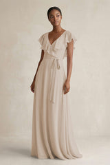 A-Line V-Neck Ruffled Sleeve Chiffon Bridesmaid Dress in Frost - KissProm BRIDESMAID DRESSES