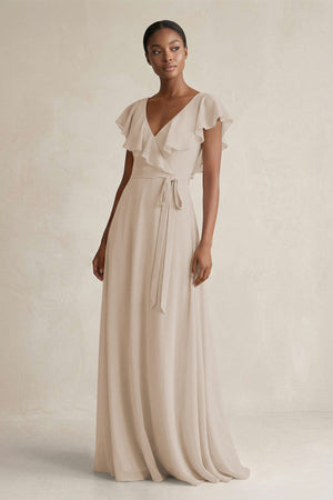 A-Line V-Neck Ruffled Sleeve Chiffon Bridesmaid Dress in Frost - KissProm BRIDESMAID DRESSES