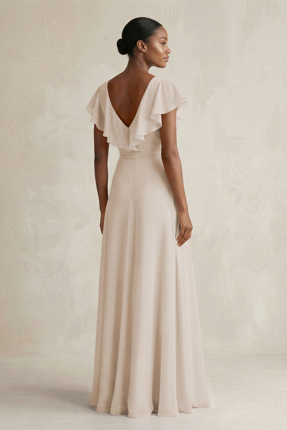 A-Line V-Neck Ruffled Sleeve Chiffon Bridesmaid Dress in Frost - KissProm BRIDESMAID DRESSES