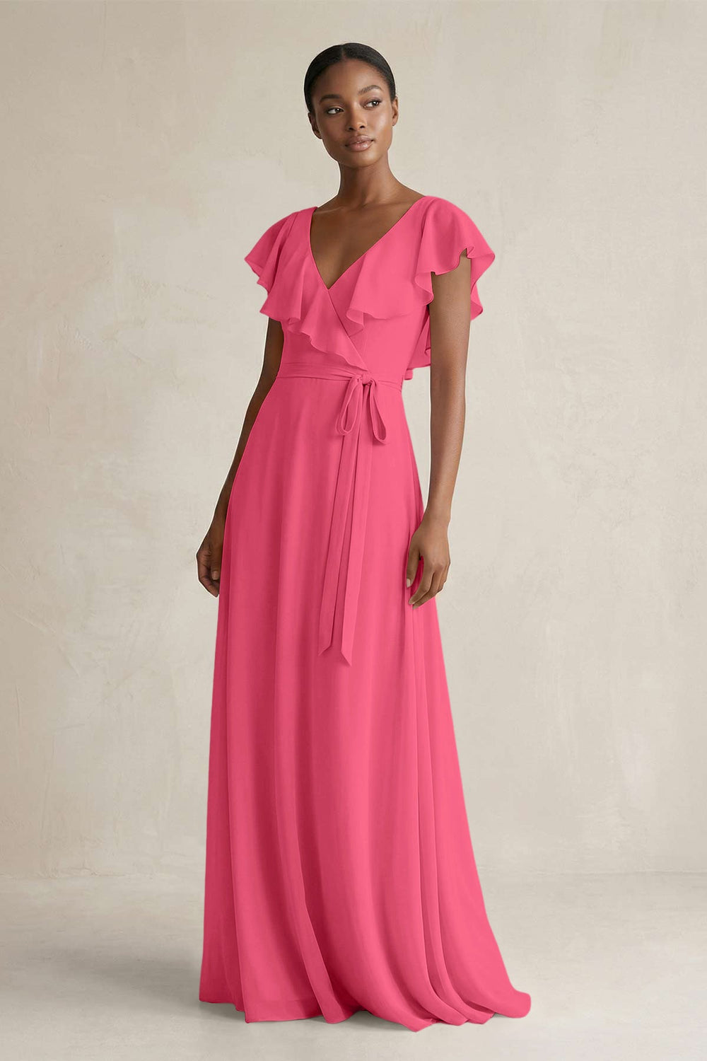 A-Line V-Neck Ruffled Sleeve Chiffon Bridesmaid Dress in Fuchsia - KissProm BRIDESMAID DRESSES