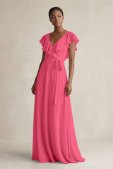 A-Line V-Neck Ruffled Sleeve Chiffon Bridesmaid Dress in Fuchsia - KissProm BRIDESMAID DRESSES