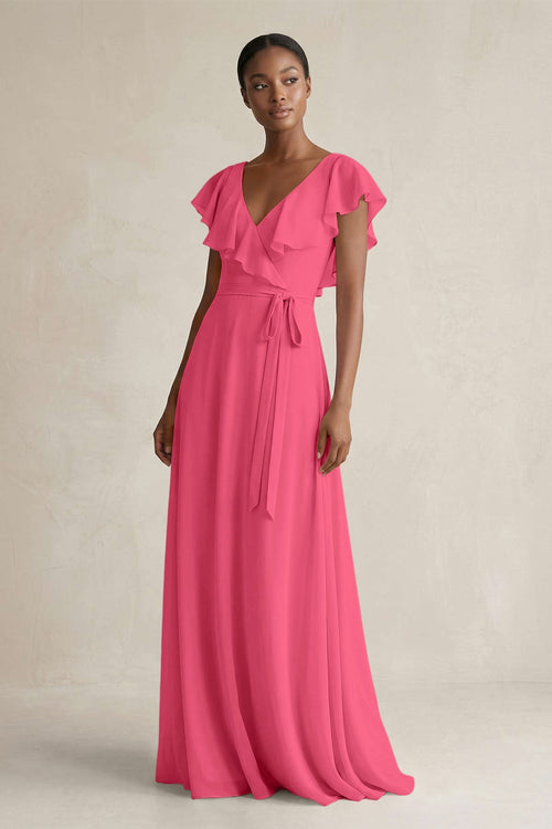 A-Line V-Neck Ruffled Sleeve Chiffon Bridesmaid Dress in Fuchsia - KissProm BRIDESMAID DRESSES