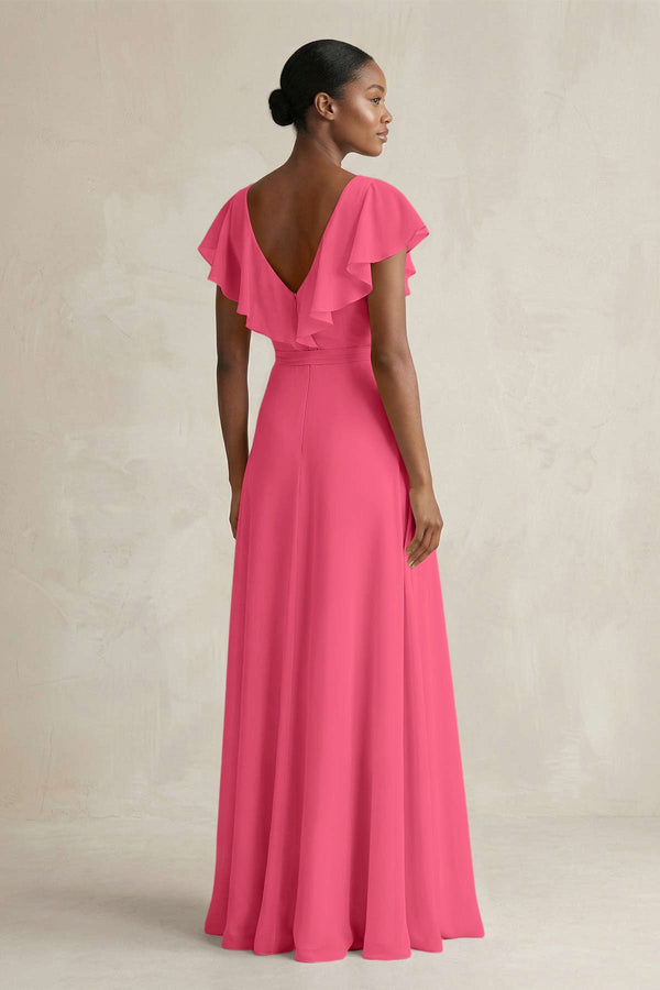 A-Line V-Neck Ruffled Sleeve Chiffon Bridesmaid Dress in Fuchsia - KissProm BRIDESMAID DRESSES
