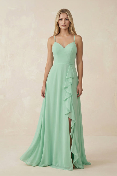 Ruffled Hem A-Line Chiffon Bridesmaid Dress in Pale Pistachio - KissProm BRIDESMAID DRESSES