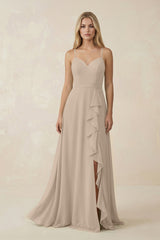 Ruffled Hem A-Line Chiffon Bridesmaid Dress in Almond - KissProm BRIDESMAID DRESSES