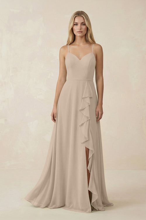 Ruffled Hem A-Line Chiffon Bridesmaid Dress in Almond - KissProm BRIDESMAID DRESSES