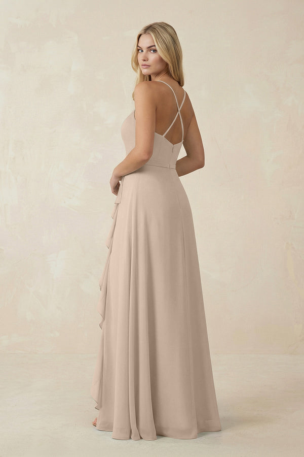 Ruffled Hem A-Line Chiffon Bridesmaid Dress in Almond - KissProm BRIDESMAID DRESSES