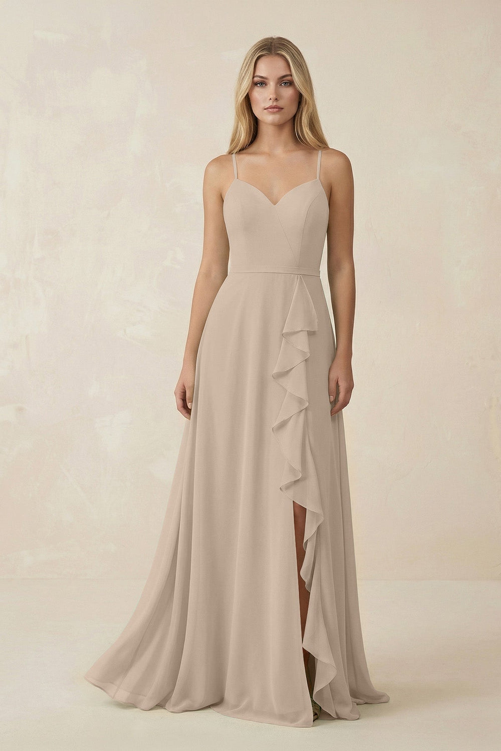 Ruffled Hem A-Line Chiffon Bridesmaid Dress in Almond - KissProm BRIDESMAID DRESSES