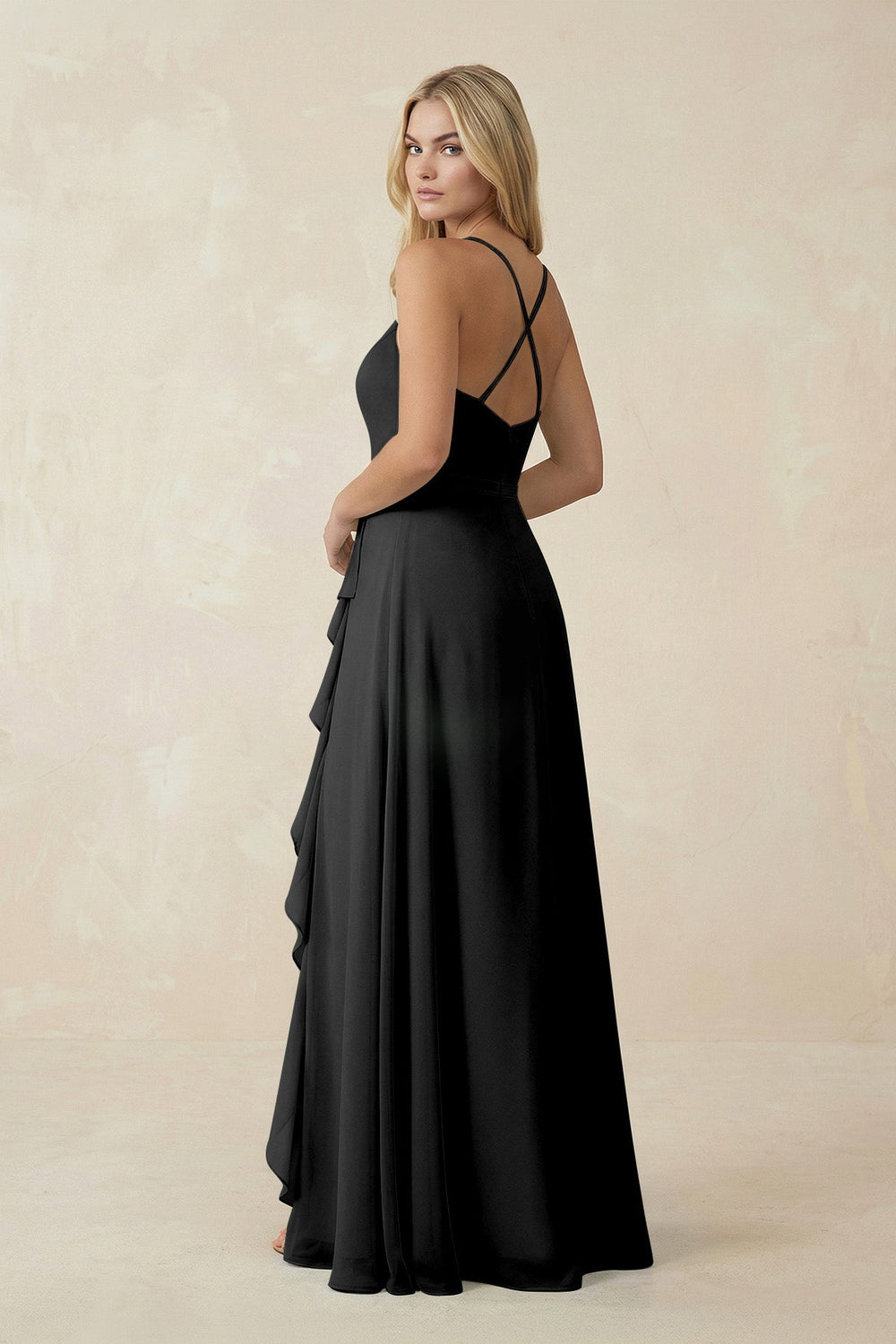 Ruffled Hem A-Line Chiffon Bridesmaid Dress in Black - KissProm BRIDESMAID DRESSES