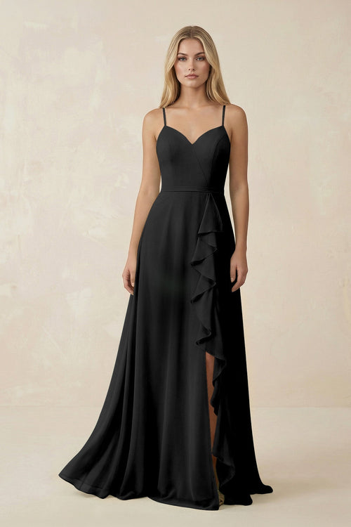 Ruffled Hem A-Line Chiffon Bridesmaid Dress in Black - KissProm BRIDESMAID DRESSES