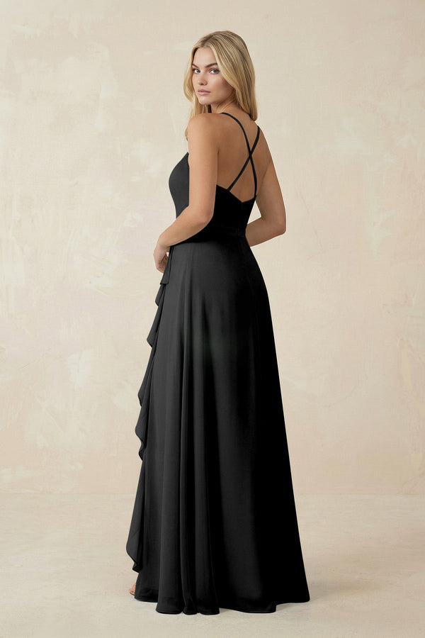 Ruffled Hem A-Line Chiffon Bridesmaid Dress in Black - KissProm BRIDESMAID DRESSES