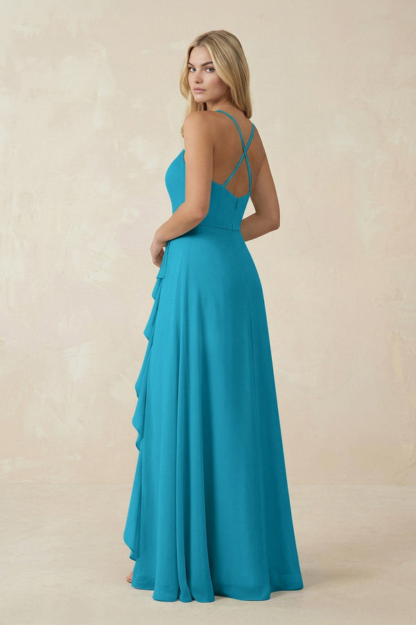 Ruffled Hem A-Line Chiffon Bridesmaid Dress in Blue Jay - KissProm BRIDESMAID DRESSES