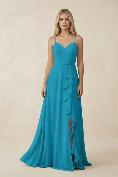 Ruffled Hem A-Line Chiffon Bridesmaid Dress in Blue Jay - KissProm BRIDESMAID DRESSES