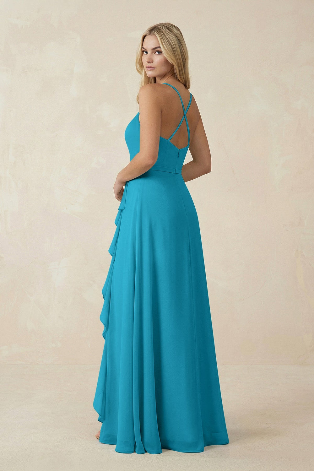Ruffled Hem A-Line Chiffon Bridesmaid Dress in Blue Jay - KissProm BRIDESMAID DRESSES
