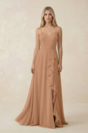 Ruffled Hem A-Line Chiffon Bridesmaid Dress in Bronzer - KissProm BRIDESMAID DRESSES