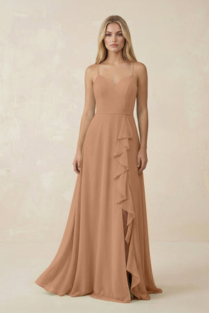 Ruffled Hem A-Line Chiffon Bridesmaid Dress in Bronzer - KissProm BRIDESMAID DRESSES