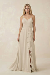 Ruffled Hem A-Line Chiffon Bridesmaid Dress in Champagne - KissProm BRIDESMAID DRESSES