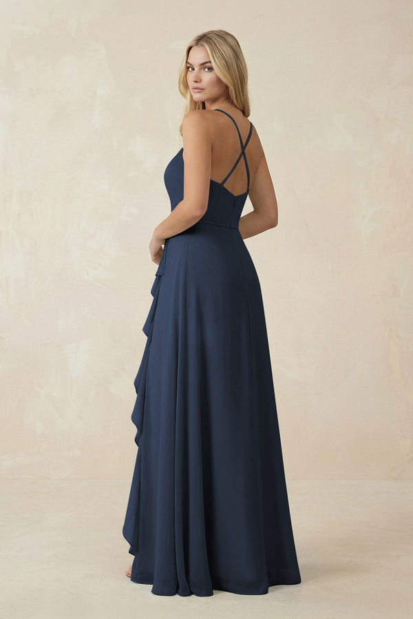 Ruffled Hem A-Line Chiffon Bridesmaid Dress in Dark Navy - KissProm BRIDESMAID DRESSES