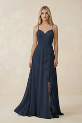 Ruffled Hem A-Line Chiffon Bridesmaid Dress in Dark Navy - KissProm BRIDESMAID DRESSES
