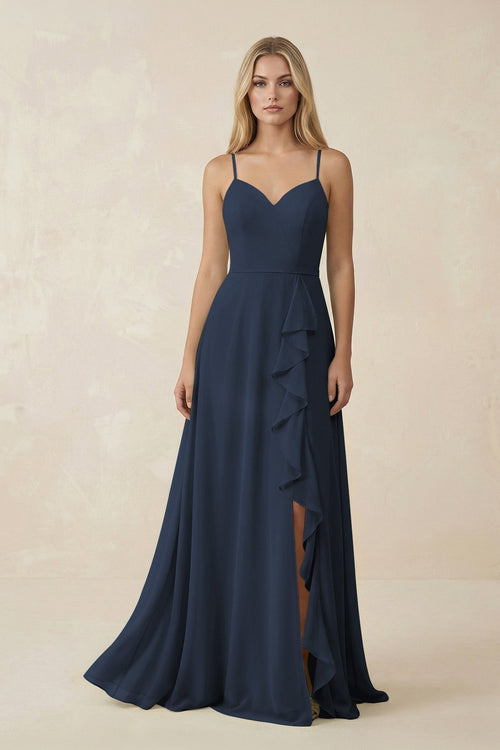 Ruffled Hem A-Line Chiffon Bridesmaid Dress in Dark Navy - KissProm BRIDESMAID DRESSES