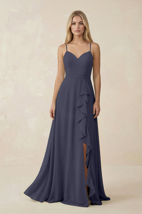 Ruffled Hem A-Line Chiffon Bridesmaid Dress in Dusk Blue - KissProm BRIDESMAID DRESSES