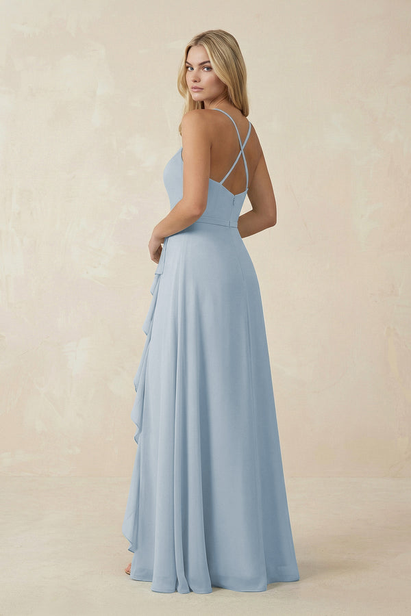 Ruffled Hem A-Line Chiffon Bridesmaid Dress in Dusty Blue - KissProm BRIDESMAID DRESSES