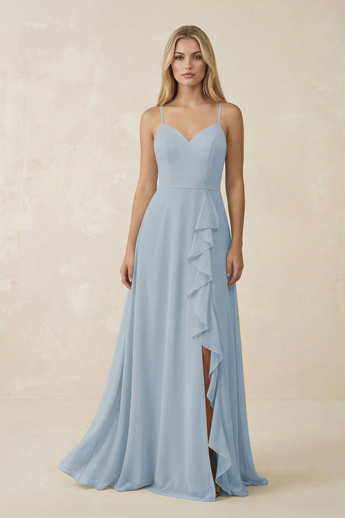 Ruffled Hem A-Line Chiffon Bridesmaid Dress in Dusty Blue - KissProm BRIDESMAID DRESSES