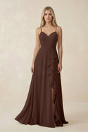 Ruffled Hem A-Line Chiffon Bridesmaid Dress in Espresso - KissProm BRIDESMAID DRESSES