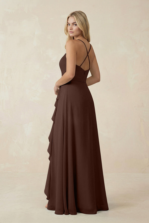 Ruffled Hem A-Line Chiffon Bridesmaid Dress in Espresso - KissProm BRIDESMAID DRESSES