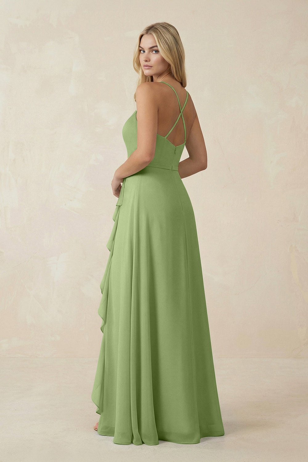 Ruffled Hem A-Line Chiffon Bridesmaid Dress in Matcha - KissProm BRIDESMAID DRESSES