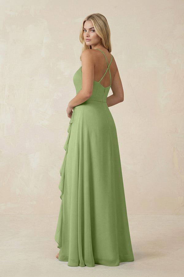 Ruffled Hem A-Line Chiffon Bridesmaid Dress in Matcha - KissProm BRIDESMAID DRESSES