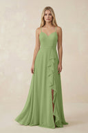 Ruffled Hem A-Line Chiffon Bridesmaid Dress in Matcha - KissProm BRIDESMAID DRESSES