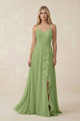 Ruffled Hem A-Line Chiffon Bridesmaid Dress in Matcha - KissProm BRIDESMAID DRESSES