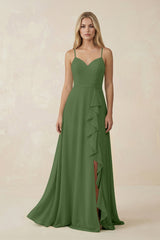 Ruffled Hem A-Line Chiffon Bridesmaid Dress in Moss - KissProm BRIDESMAID DRESSES