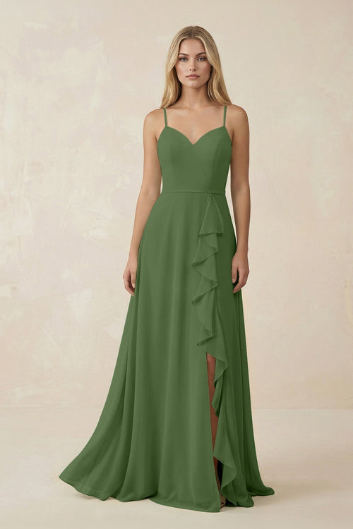 Ruffled Hem A-Line Chiffon Bridesmaid Dress in Moss - KissProm BRIDESMAID DRESSES