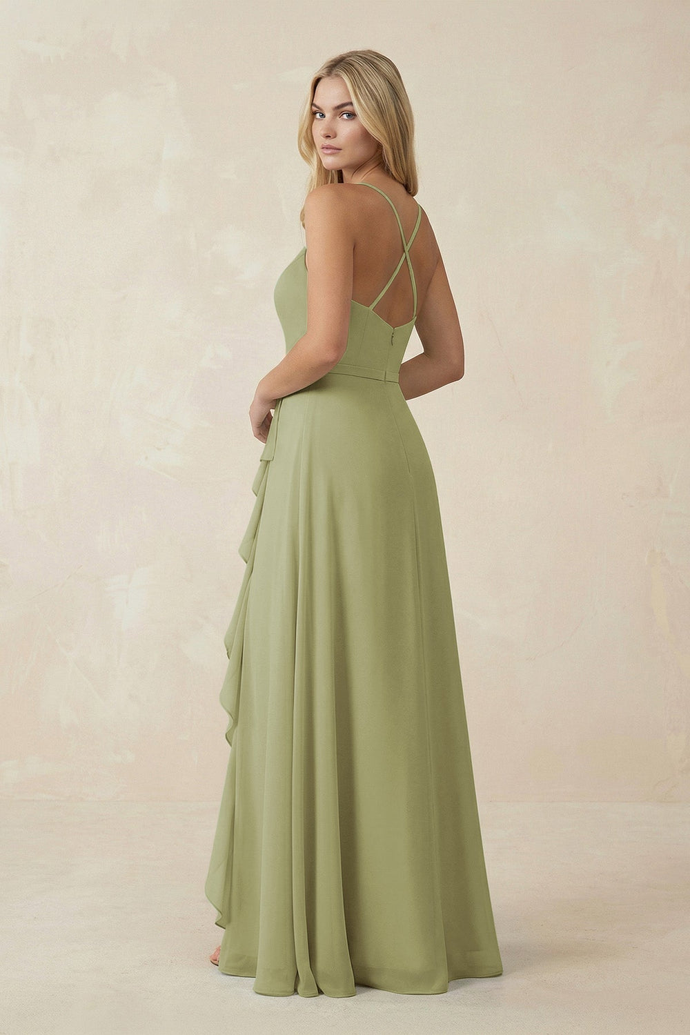 Ruffled Hem A-Line Chiffon Bridesmaid Dress in Moss Green - KissProm BRIDESMAID DRESSES