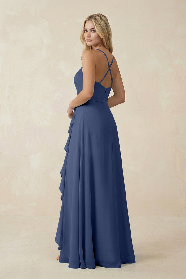 Ruffled Hem A-Line Chiffon Bridesmaid Dress in Navy - KissProm BRIDESMAID DRESSES