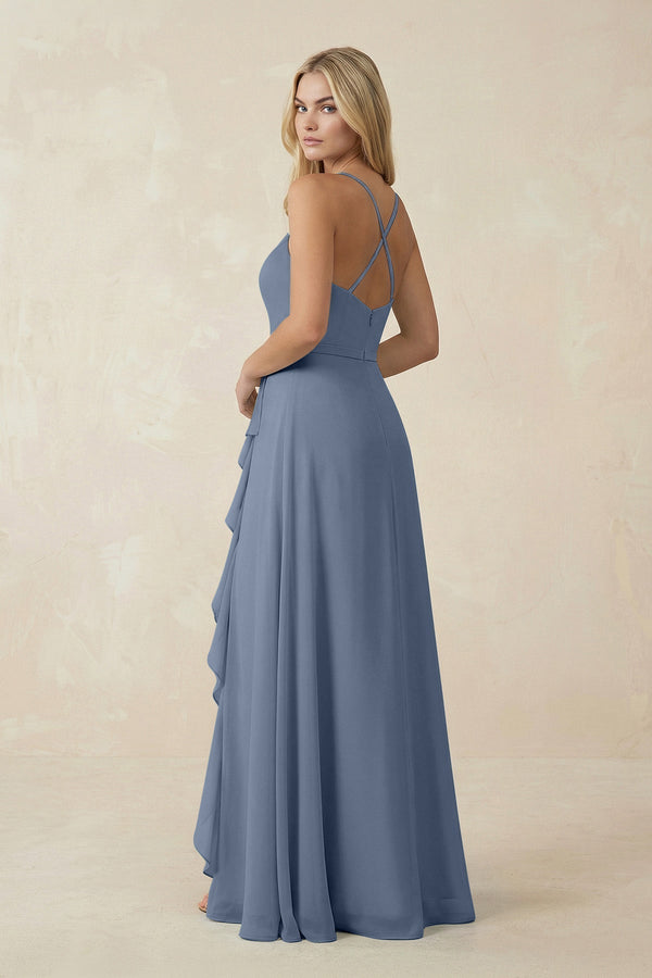 Ruffled Hem A-Line Chiffon Bridesmaid Dress in Neptune - KissProm BRIDESMAID DRESSES