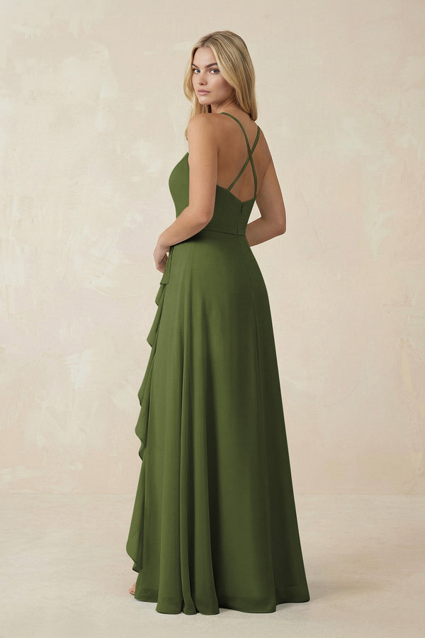 Ruffled Hem A-Line Chiffon Bridesmaid Dress in Olive - KissProm BRIDESMAID DRESSES