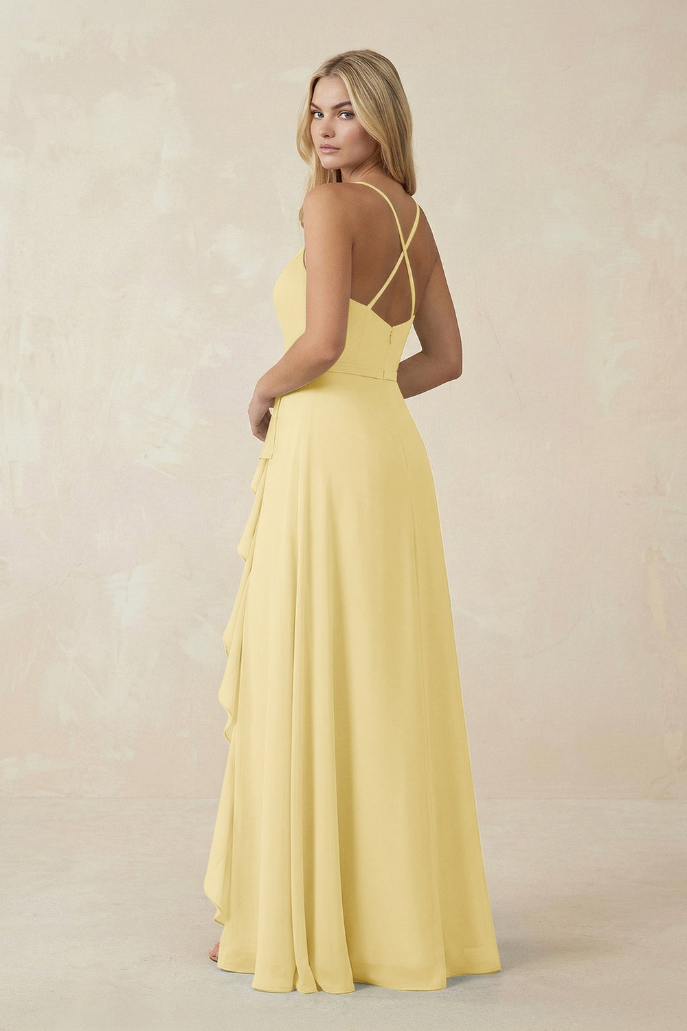 Ruffled Hem A-Line Chiffon Bridesmaid Dress in Pastel Yellow - KissProm BRIDESMAID DRESSES