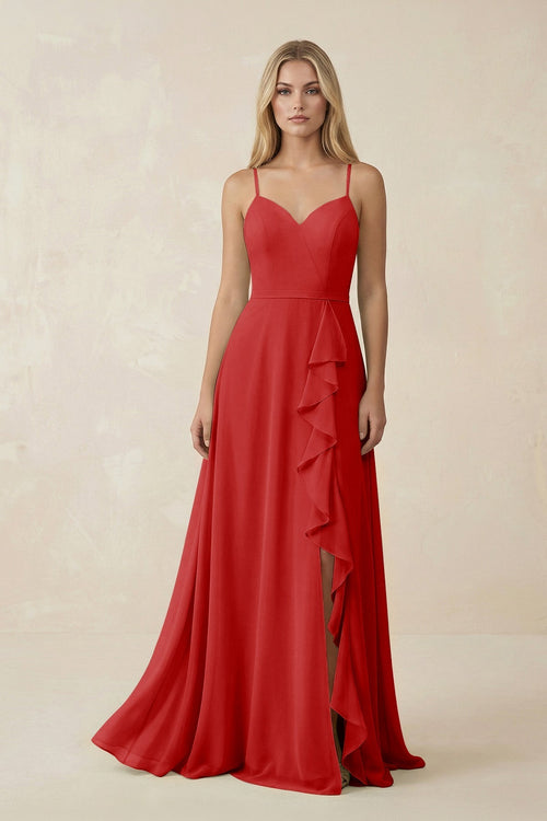Ruffled Hem A-Line Chiffon Bridesmaid Dress in Ruby Red - KissProm BRIDESMAID DRESSES
