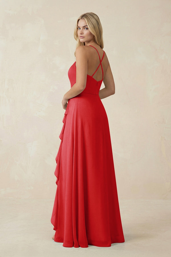 Ruffled Hem A-Line Chiffon Bridesmaid Dress in Ruby Red - KissProm BRIDESMAID DRESSES