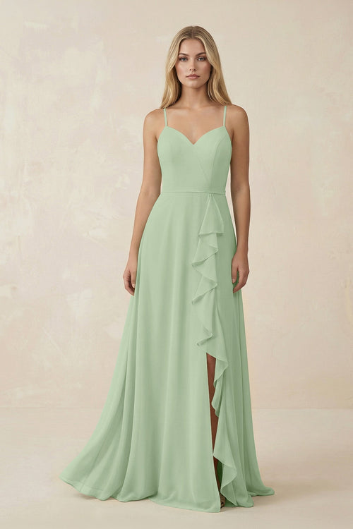 Ruffled Hem A-Line Chiffon Bridesmaid Dress in Sage - KissProm BRIDESMAID DRESSES