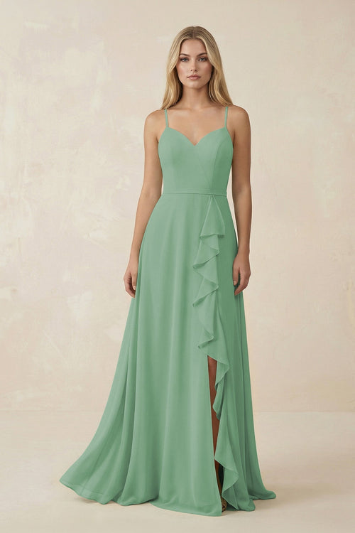 Ruffled Hem A-Line Chiffon Bridesmaid Dress in Sea Glass - KissProm BRIDESMAID DRESSES