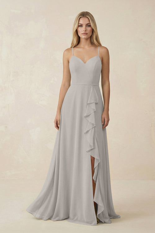 Ruffled Hem A-Line Chiffon Bridesmaid Dress in Silver - KissProm BRIDESMAID DRESSES
