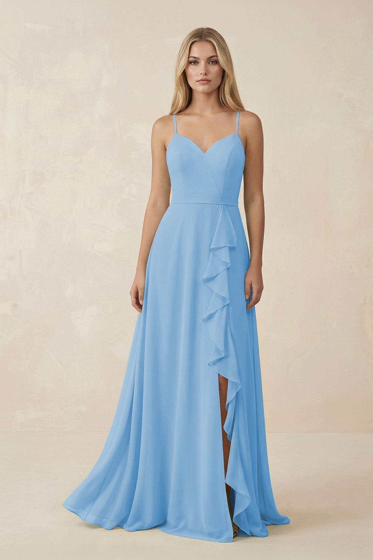KissProm Ruffled Hem A-Line Chiffon Bridesmaid Dress in Steel Blue, Steel Blue / 26