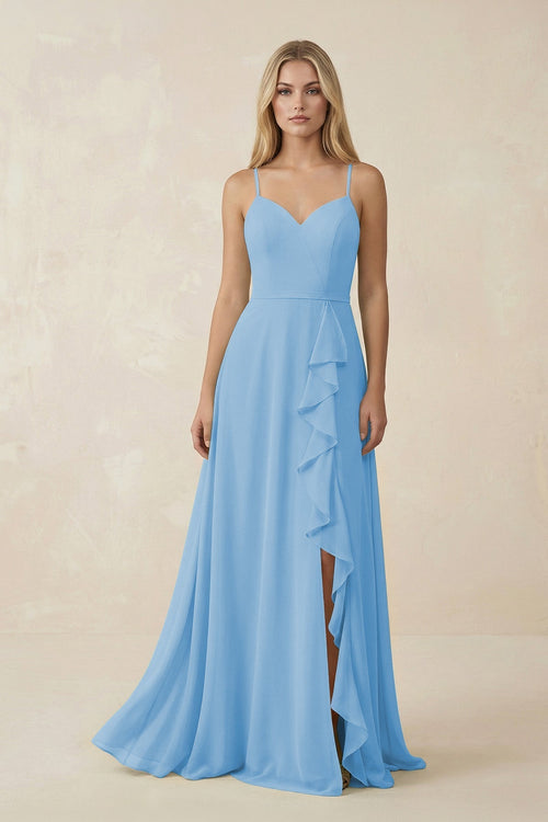 Ruffled Hem A-Line Chiffon Bridesmaid Dress in Steel Blue - KissProm BRIDESMAID DRESSES